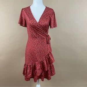 Retro Women's Small Polka Dot Ruffle Tie Wrap Flowy 50's V Neck Swing Dress